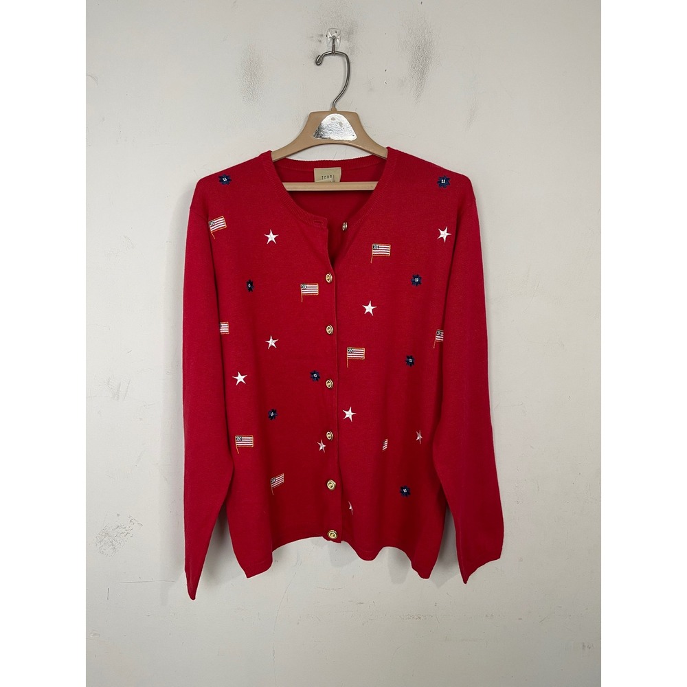 Teddi Red Americana Embroidered‎ Flag Star Cardigan Sweater Womens XL 52841
